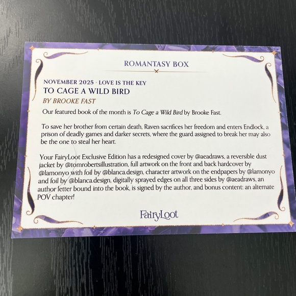 FairyLoot Romantasy Box Nov 2025 
To Cage a Wild Bird by Brooke Fast - Picture 12 of 13